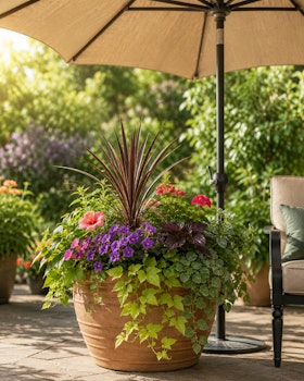 A stunning container garden full of plants sitting under a patio umbrella on the patio.