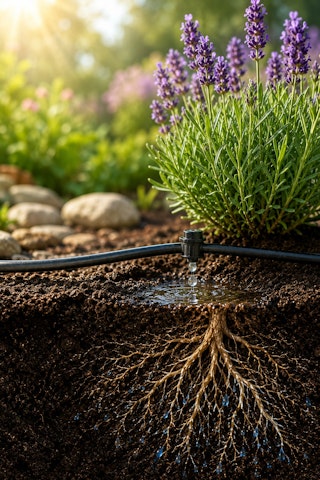 Drip water watering a lavender plant and showing what it looks like at the plants roots when watering.