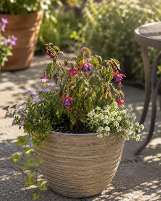Fuchsia suffering from heat stress in container garden.
