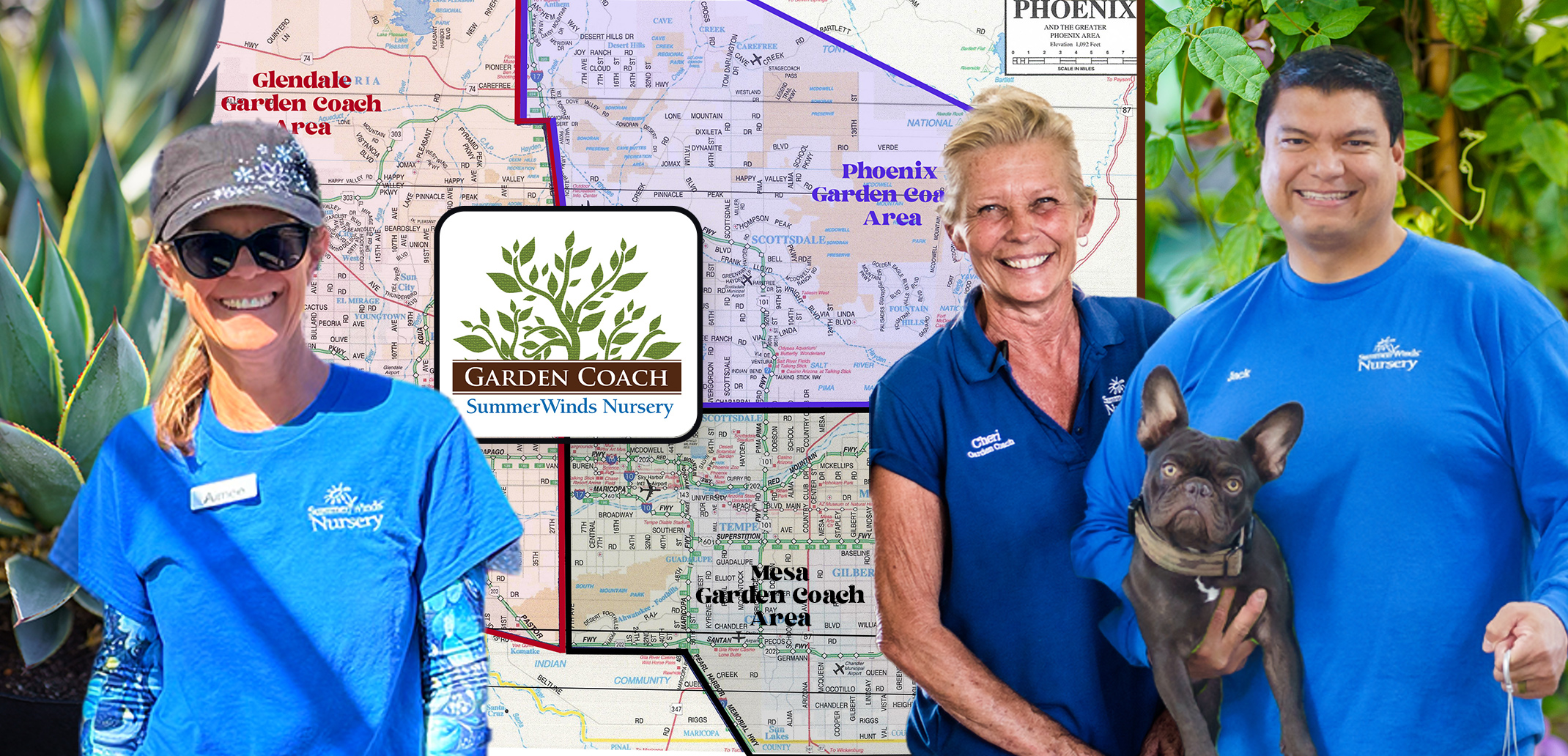 SummerWinds Nursery's Garden Coaches--Aimee, Cheri and Jack (with his dog) along with images of plants, a map, and our Garden Coach logo in the background.