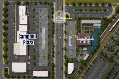 Map of our SummerWinds Nursery in Campbell showing the parking situation and cross streets for overflow parking in the Campbell Plaza.