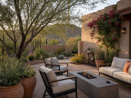 A patio in the southwest with seating, a fire table, potted herbs, vines and native plants.