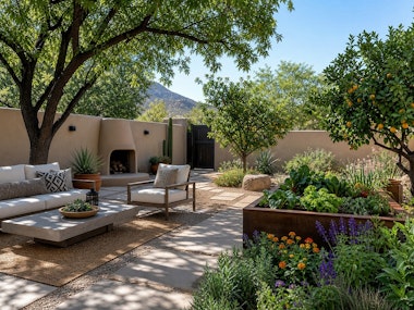 A backyard patio in the Southwest with seating, a fireplace, and a large shade tree, flowers, a raised garden bed, and fruit trees.
