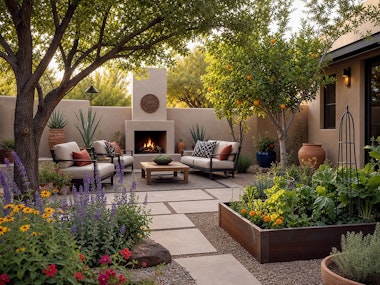 A shaded patio in the Southwest with flowers, a raised garden bed, a fireplace and seating, and a fruit tree.