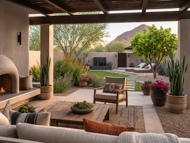 A covered patio with fireplace and seating in the Southwest with potted plants and flowers, native plants, seating, a fountain and a shade and fruit tree.