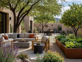 A backyard in the Southwest with two shade trees, a fruit tree, seating and dining areas, flowers, and a raised garden bed.