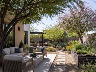 An l-shaped backyard patio with seating under a large shade tree, raised garden beds, flowering trees, and covered outdoor dining area.
