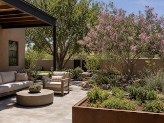 A Southwest backyard patio and garden with covered seating area, shade and flowering trees, and a raised garden bed.
