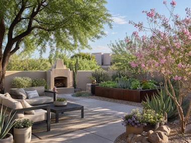 A Southwest backyard patio area with a seating under a shade tree, a fireplace, potted flowers, a raised garden bed, and a flowering tree.