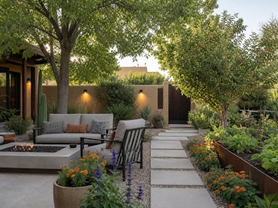 A shaded Southwest patio with a seating area, potted flowers, raised garden bed, apple tree and accent lighting.