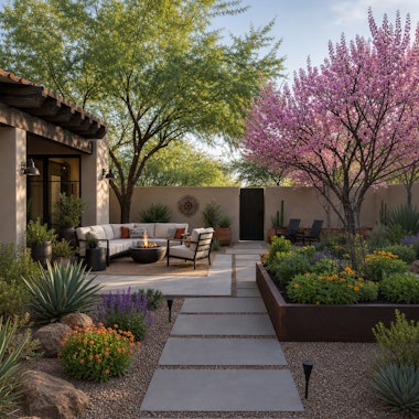 A Southwest patio with a large shade tree, a flowering tree, native plants, a seating area, a raised garden bed.