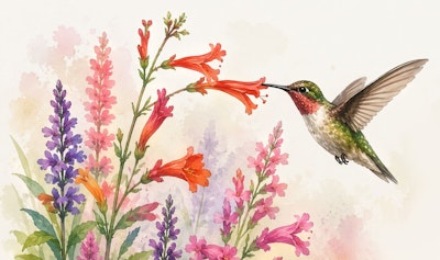 An image of Anna's Hummingbird feeding from an orange penstemon flower, surrounded by other other colorful flowers.