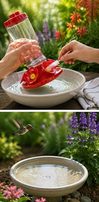 A person cleaning their hummingbird feeder in shallow water dish and hummingbird hovering over clean birdbath.