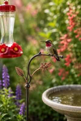 A hummingbird sitting on a perch, near bird feeder and bath and surrounded by colorful flowers.