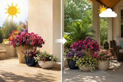 Container Gardens in full sun on the left and then on right showing how moving them to shade will protect.