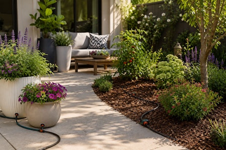 Beautiful garden and patio where they have a drip system and drip kits set up to water garden.