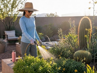 A woman watering her raised bed garden in protective clothing from the sun, in the early morning in her Southwest backyard, with a water bottle nearby and a seating area in the background.