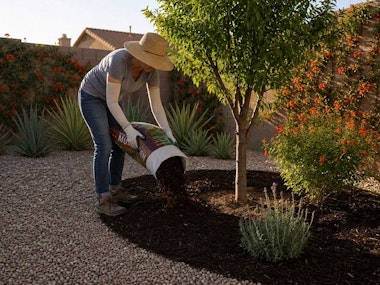 A woman in a hat adding mulch to plants in her Southwest back yard.