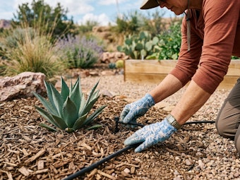 A man checking on his drip system near an aloe in his Southwest garden.