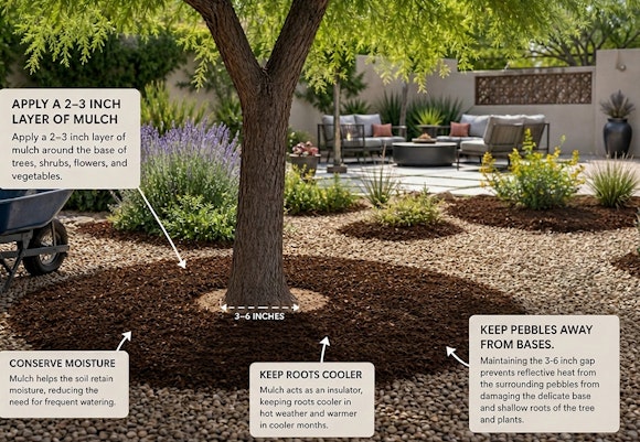 A Southwest backyard with tips about using mulch and distancing pebbles to avoid reflected heat.