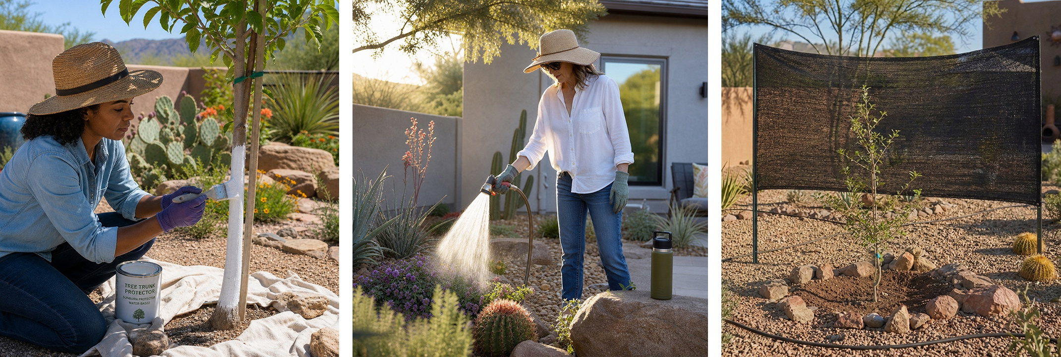 A woman painting a tree trunk with protective paint, a woman watering a plants in the early morning, and shade cloth protecting a young fruit tree in a desert garden.