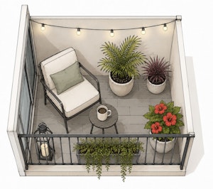 An illustration of a balcony oasis tropical garden.