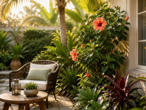 Tropical garden on patio in the backyard.
