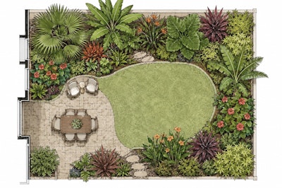 An illustration of a backyard paradise tropical garden.