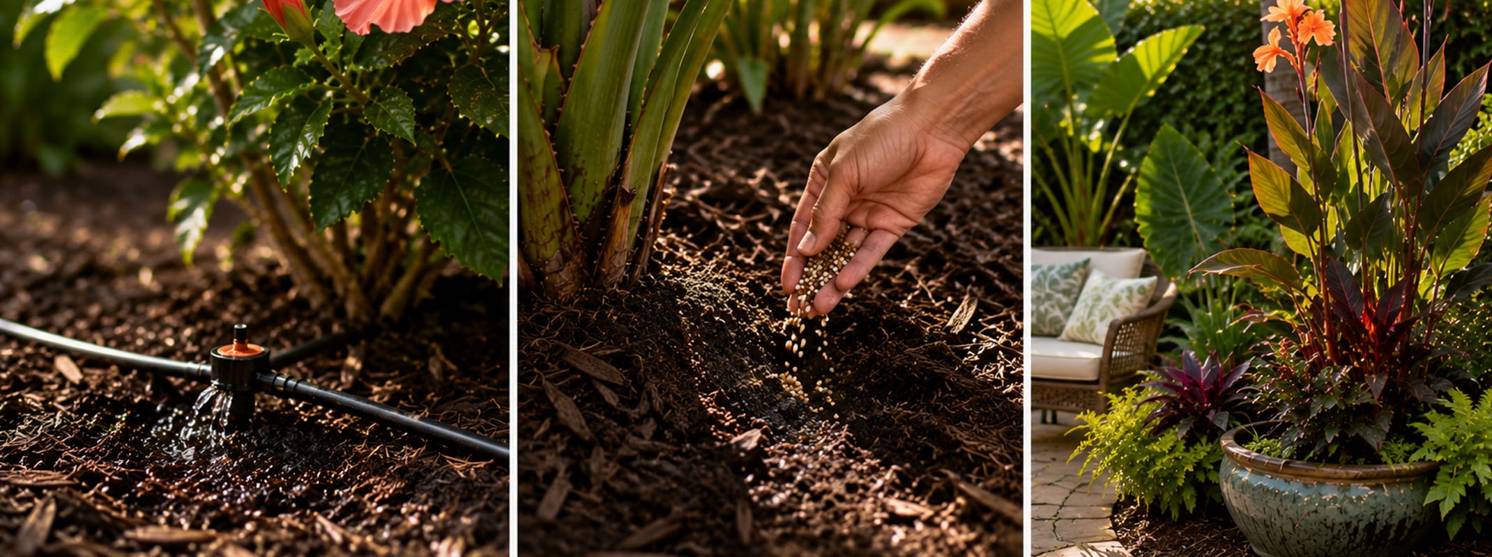 Care for tropical gardens, from watering to fertilizing to moving precious plants into shade.