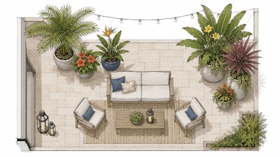 An illustration of a patio paradise tropical garden.
