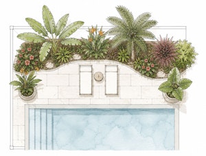 An illustration of a poolside retreat tropical garden.