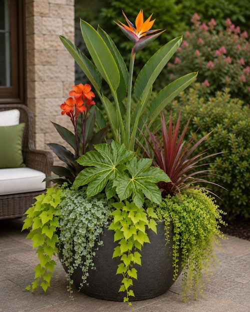 Large container garden full of tropical plants like birds of paradise, fatsia, cannas, cordylines, sweet potato, dichondra and creeping jenny.