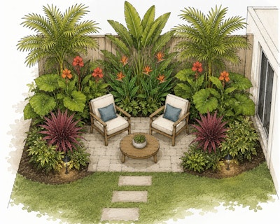 An illustration of a small backyard tropical garden