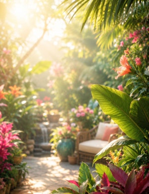 A tropical paradise garden at home with tropical plants all around, container gardens on patio with patio furniture.