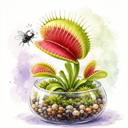 An illustration of a carnivorous venus flytrap planted in a clear glass low bowl just waiting to eat a buzzing fly.