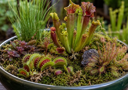 Carnivorous plants in an assortment planted together in a low container garden.