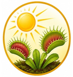 Illustration of a sun shining on a venus flytrap plant.