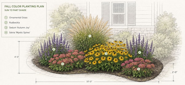 Fall planting guide schematic for fall plants in garden bed.