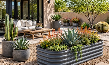 A slate grey metal raised garden bed with flowers and an aloe near a patio with seating and a variety of desert-friendly plants in pots and in the ground.