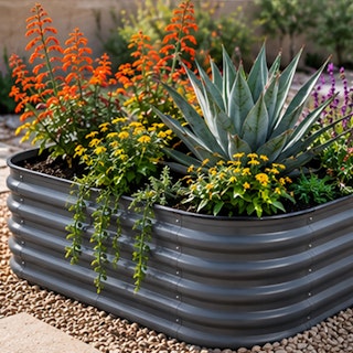 Slate grey metal raised garden bed filled with colorful flowers and an aloe.
