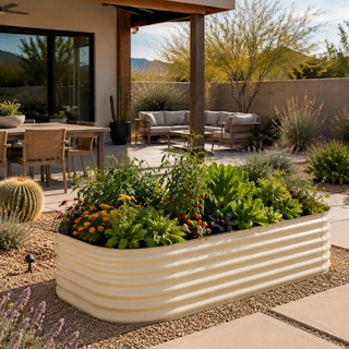 A cream metal raised garden bed in a backyard in the Southwest near a patio and outdoor dining area and desert-friendly plants.
