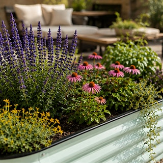 A light mint raised garden bed filled with a variety fo flowers and herbs with a seating area in the background.