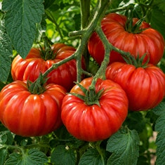 Costoluto Genovese tomatoes growing on the vine.