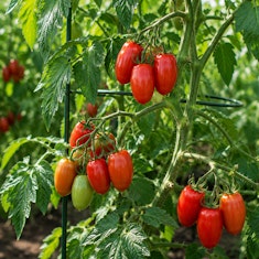 Juliet grape tomatoes growing on the vine.