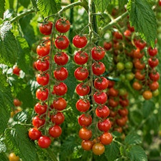 Sweet 100 cherry tomatoes growing on the vine.
