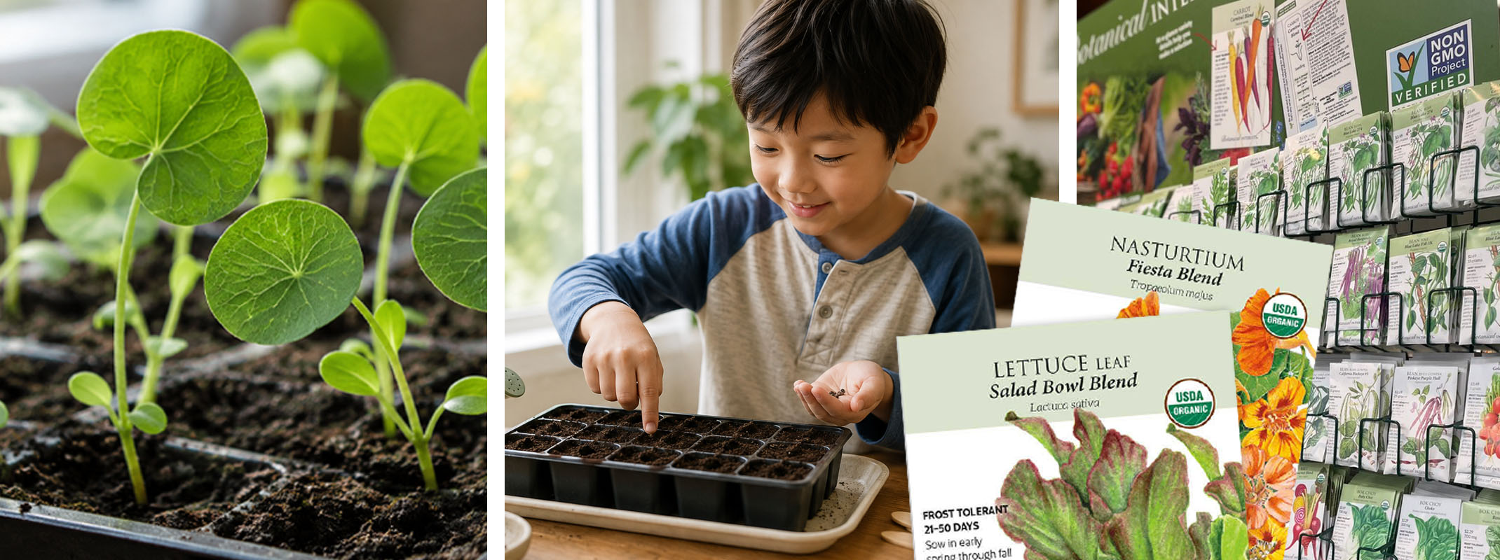 Botanical Interest Lettuce and Nasturtium seed packets with a tray of nasturtium seedlings, a child planting and Botanical Interest seed rack.