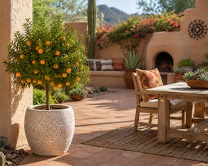 A semi-dwarf mandarin orange tree in a textured pot on a patio near an outdoor dining area in a Southwest garden.