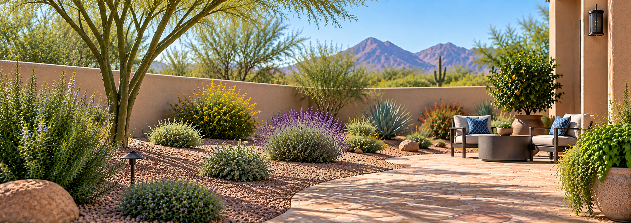 A Southwest backyard with a variety of herbs planted throughout the landscape, a seating area, native trees, a citrus tree, and potted plants.