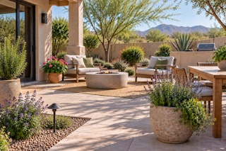 A Southwest backyard and patio with herbs incorporated into the landscape and potted plants.