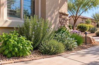 An herb garden bordering a walkway near a home.